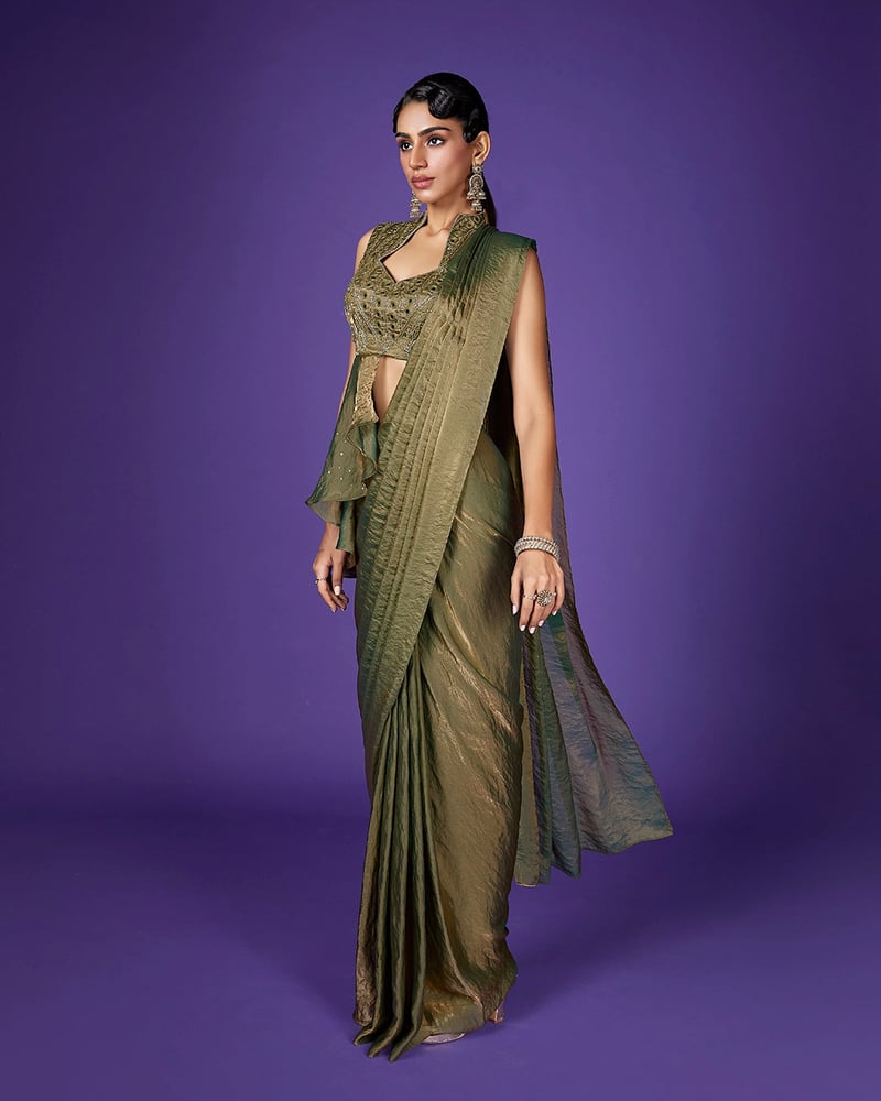 Olive Gold Shimmer Tissue Saree Set with Mirror Work Blouse