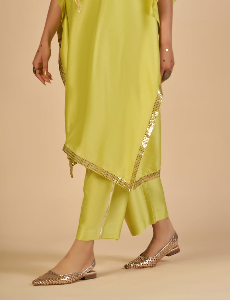 Lime Green Wide-Leg Chanderi Trousers