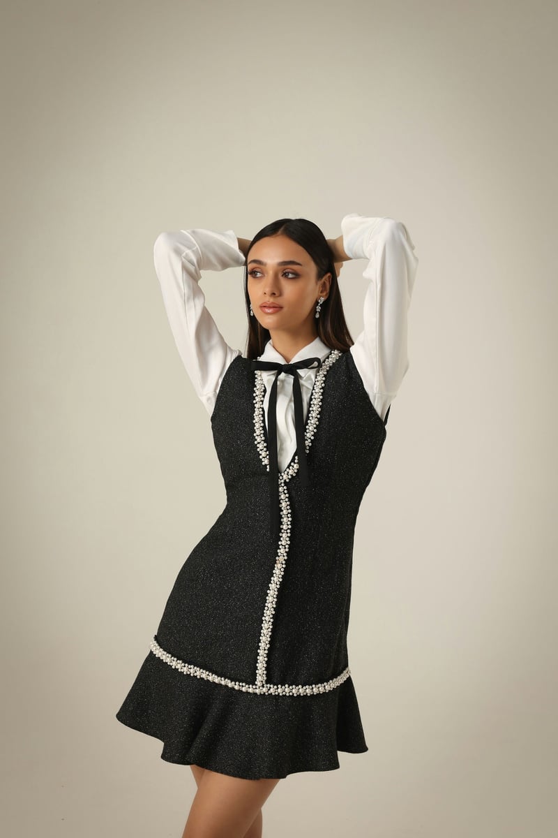 Black/Ivory Tweed Pearl-Trim Mini Dress with Bow