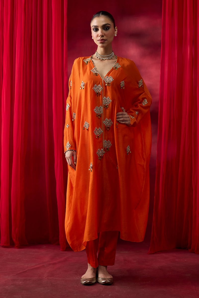 Orange Silk Chanderi Embroidered Kaftan Set