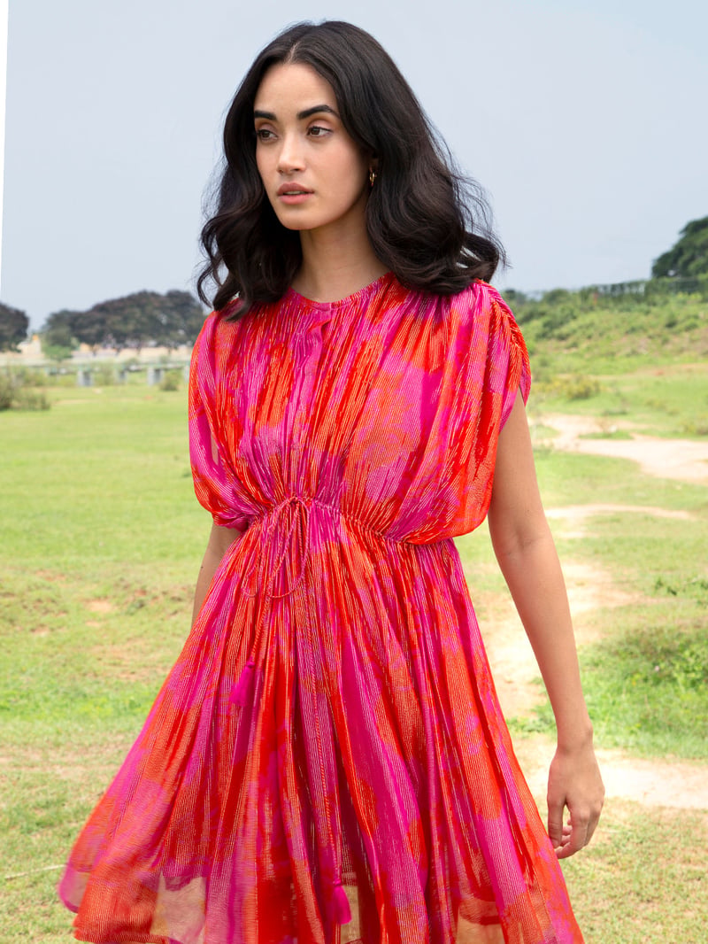 Pink Abstract Print Shimmer Kaftan Mini Dress