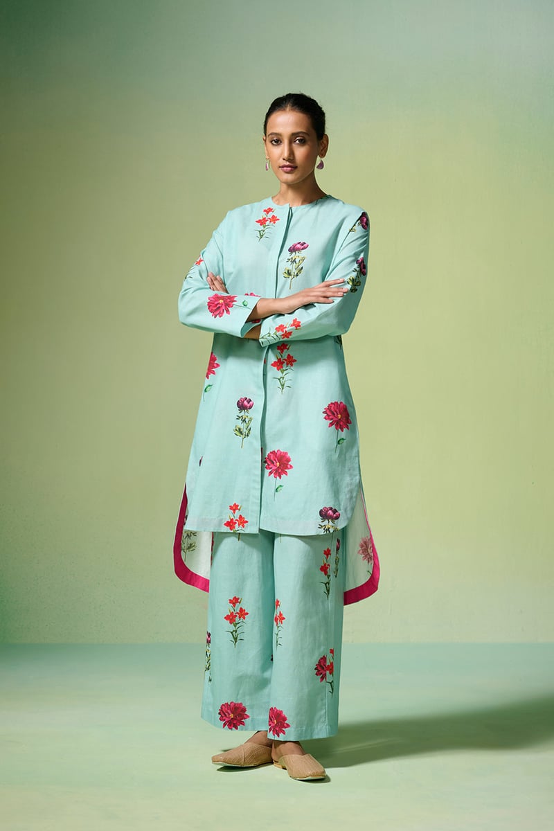 Fresh Blue Floral Linen-Cotton Kurta Set with Pants