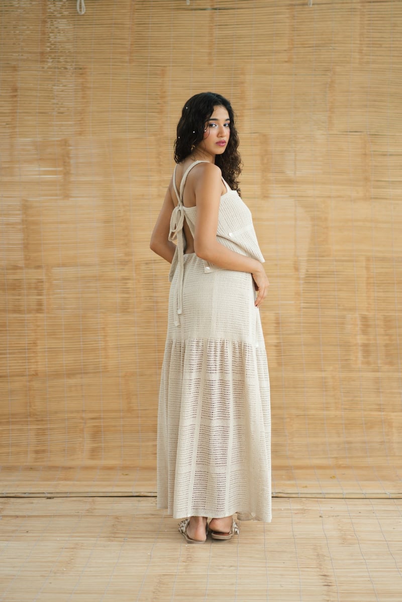 Beige Crochet Top and Tiered Maxi Skirt Co-ord Set