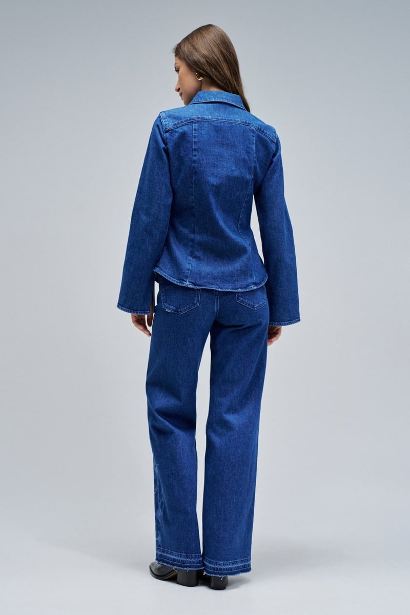 Blue Denim Tonal Floral Button-Down Shirt