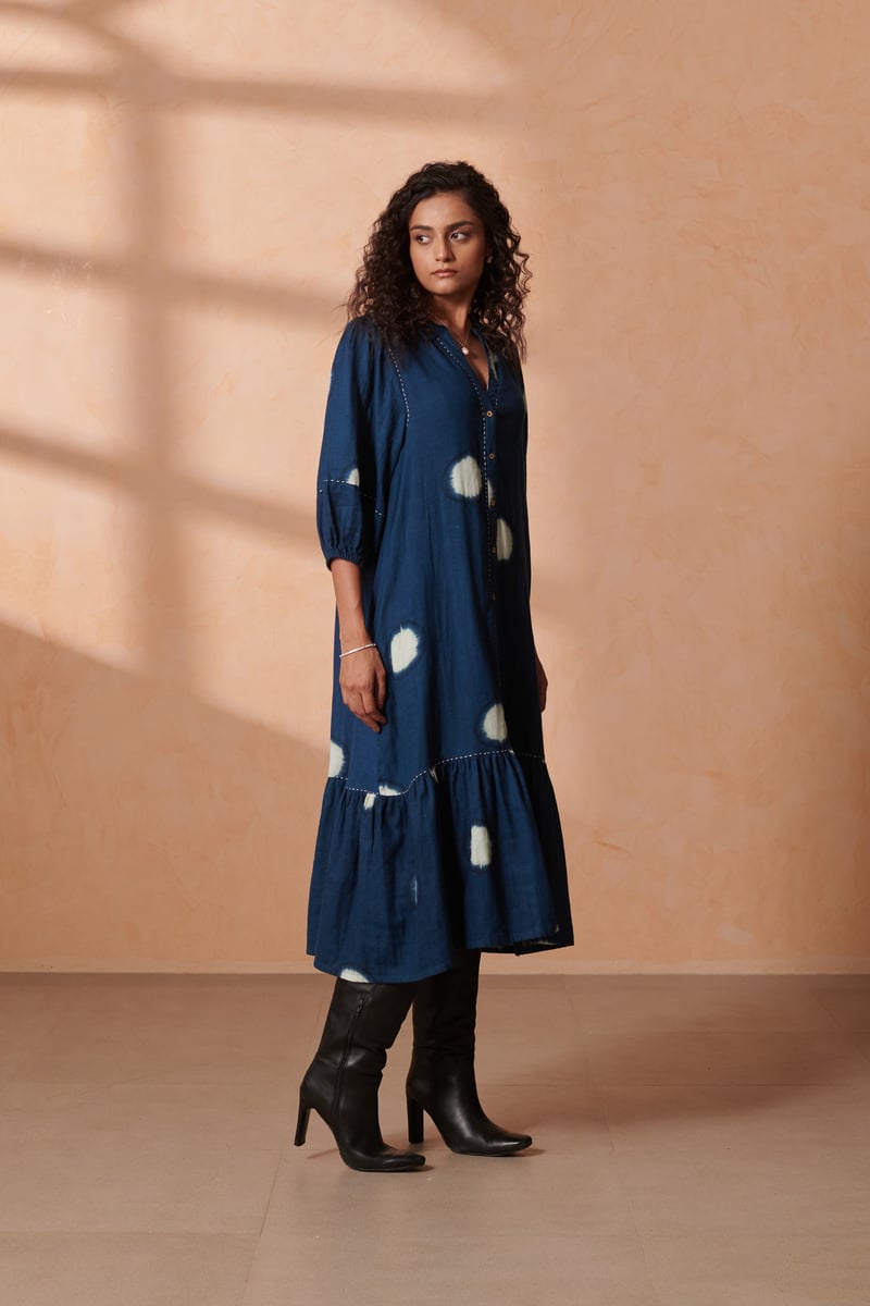 Indigo Dot Midi Shirt Dress in Double Gauze Cotton
