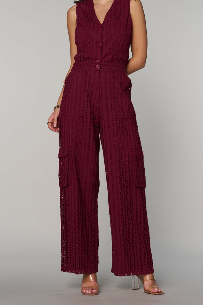 Wine Schiffli Cutwork Wide-Leg Cargo Pants