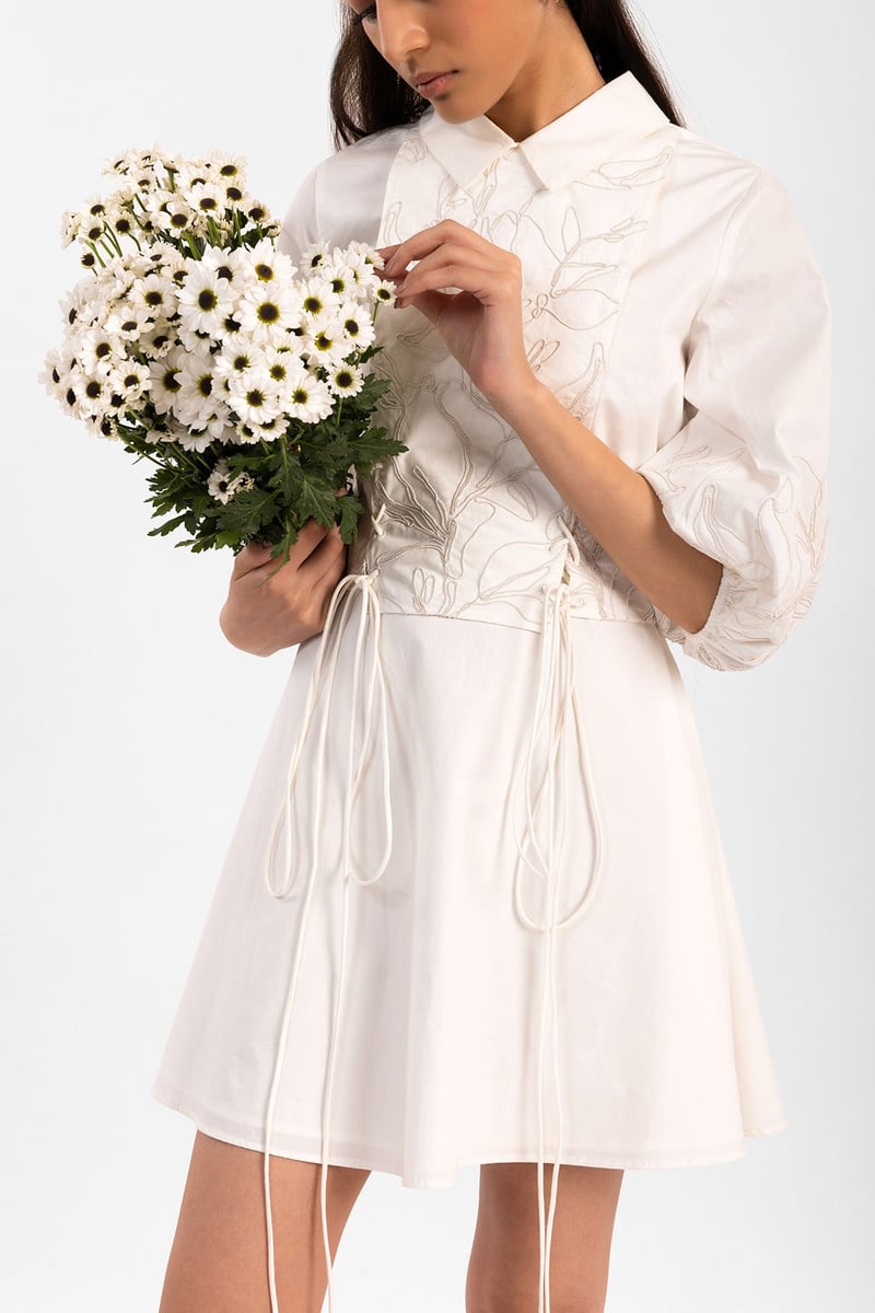 White Embroidered Shirt Collar Fit and Flare Mini Dress