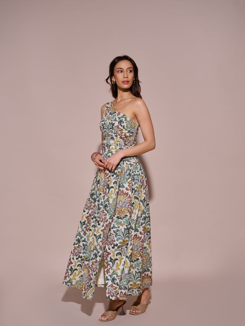 Green One-Shoulder Printed Maxi Dress with Waist Cut-Out