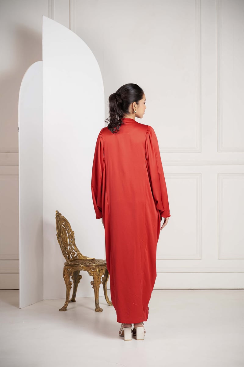 Red Crepe Satin V-Neck Kaftan with Embroidered Neckline