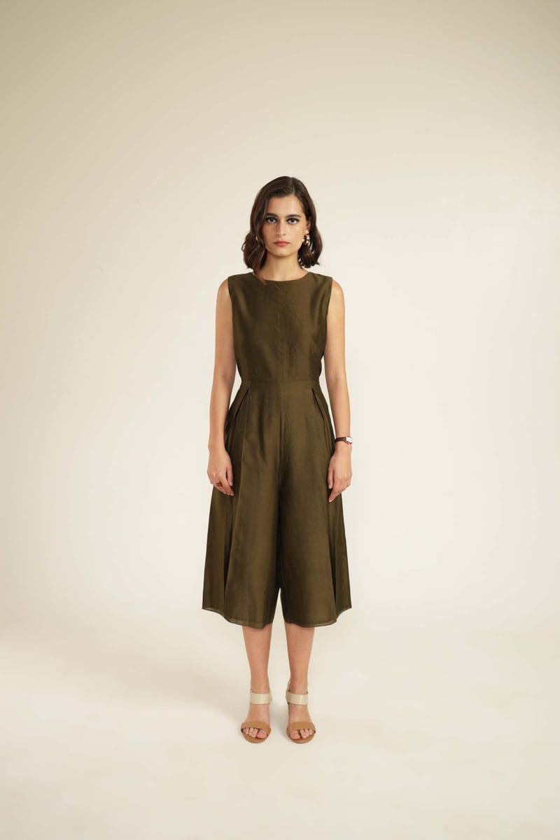 Olive Silk Chanderi Culotte Jumpsuit with Organza Jacket