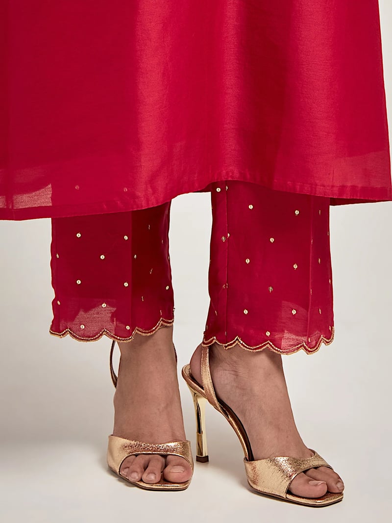 Red Silk Chanderi Embroidered Kurta Set with Pants
