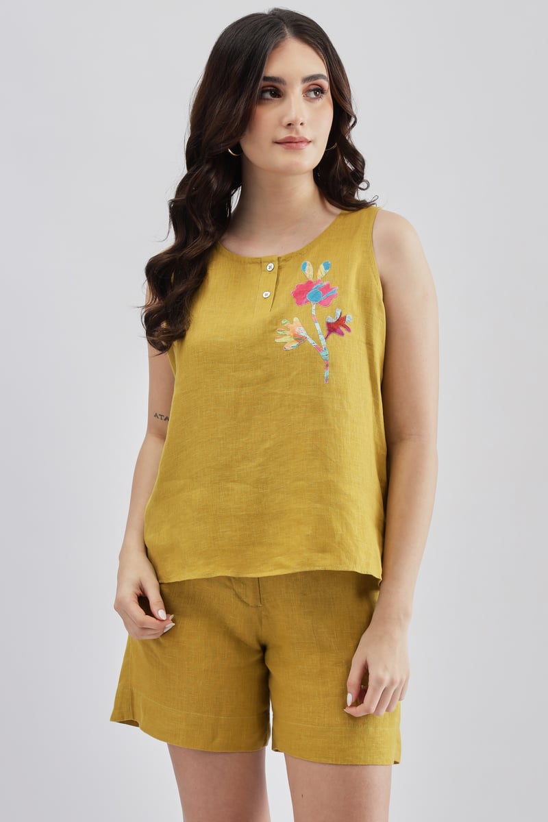 Lime Linen Sleeveless Top with Floral Embroidery