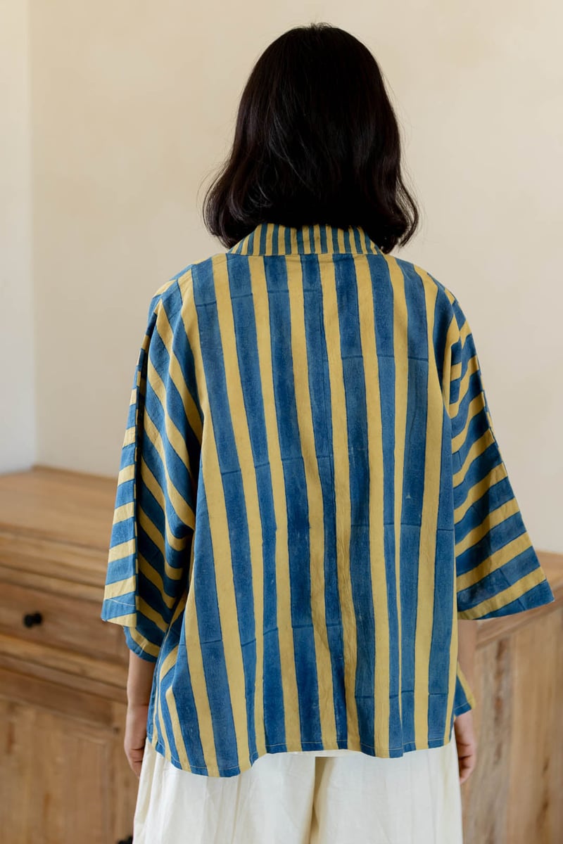 Mustard and Blue Striped Cotton Cape Shrug