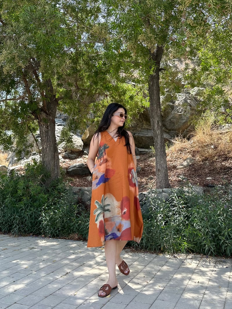 Rust Abstract Floral Printed Cotton Midi Dress with Pockets