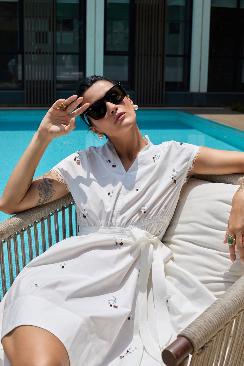 White Cotton Asymmetrical Belted Midi Dress