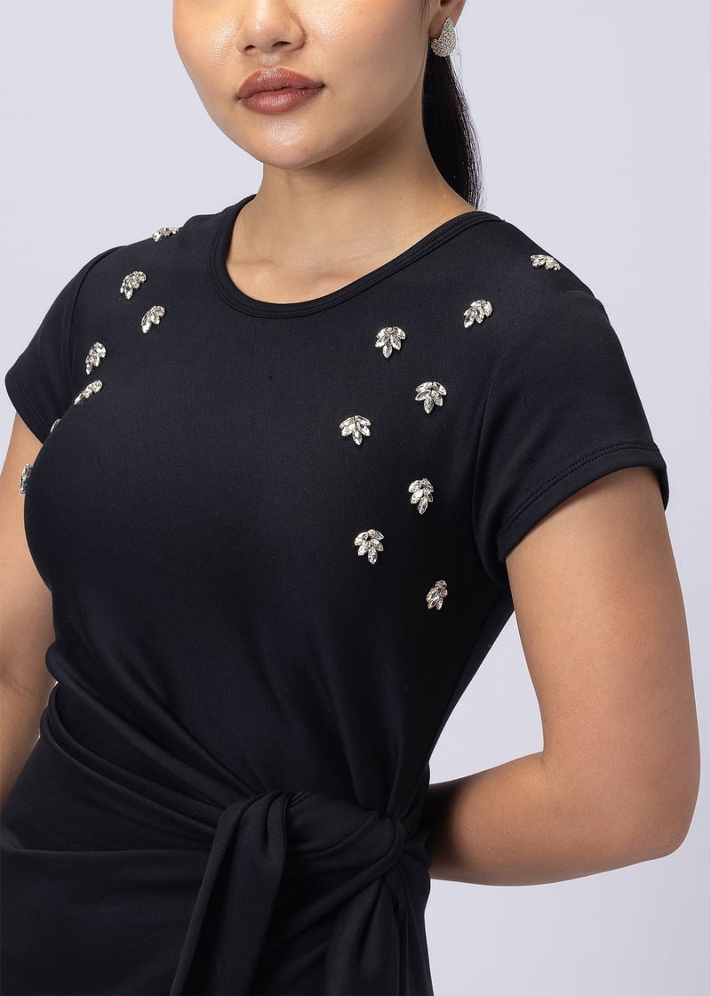 Black Maxi Drape-Knot Dress with Rhinestone Neck Detail