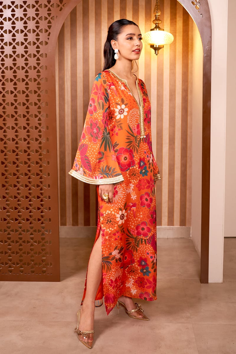 Orange Floral Printed Georgette Satin Long Kaftan