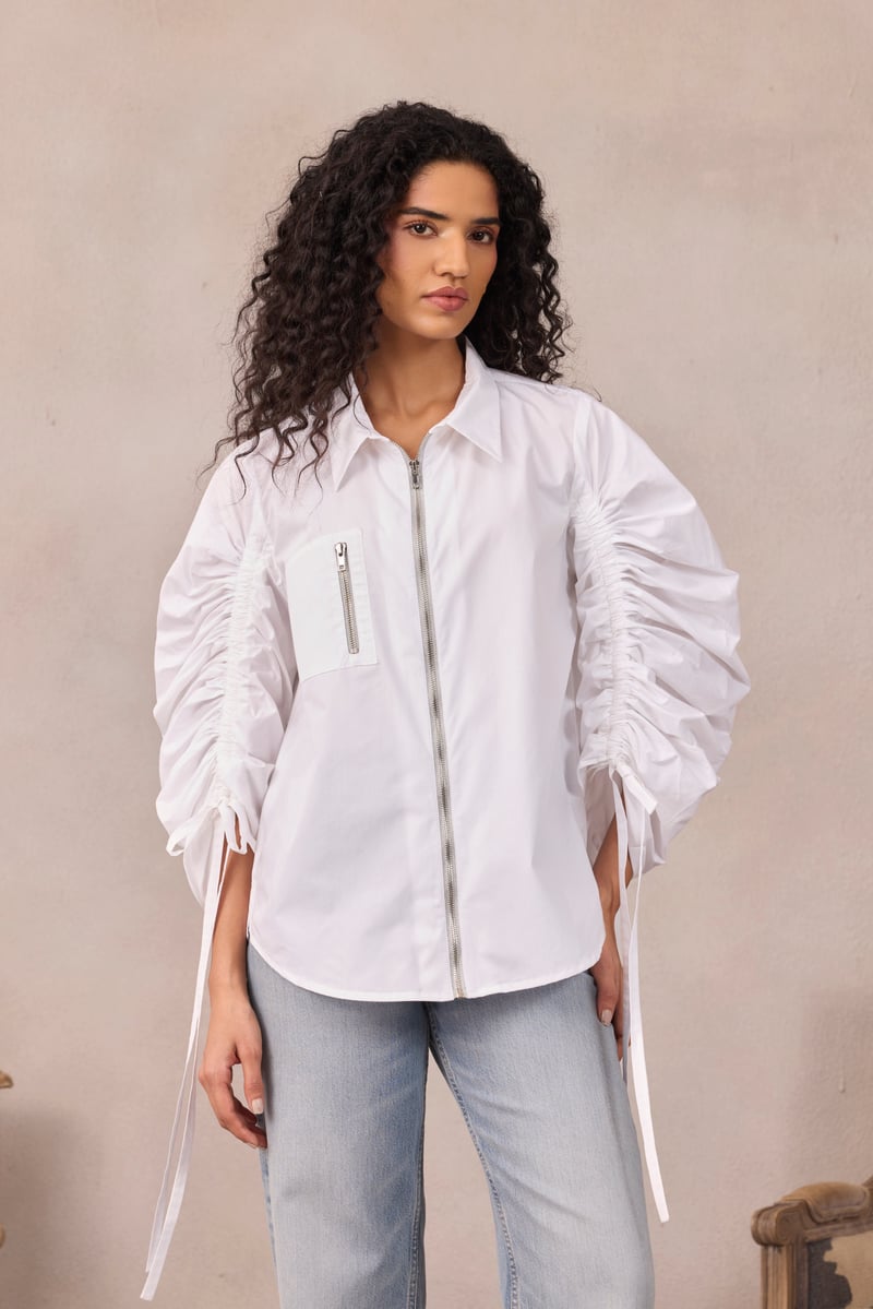 Lavender Ruched Sleeve Zip-Front Shirt