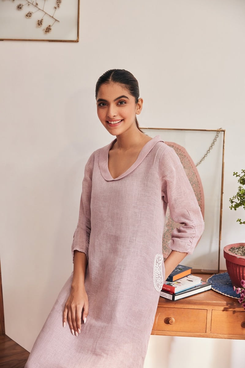 Lavender Linen V-Neck Straight Midi Dress with Pockets