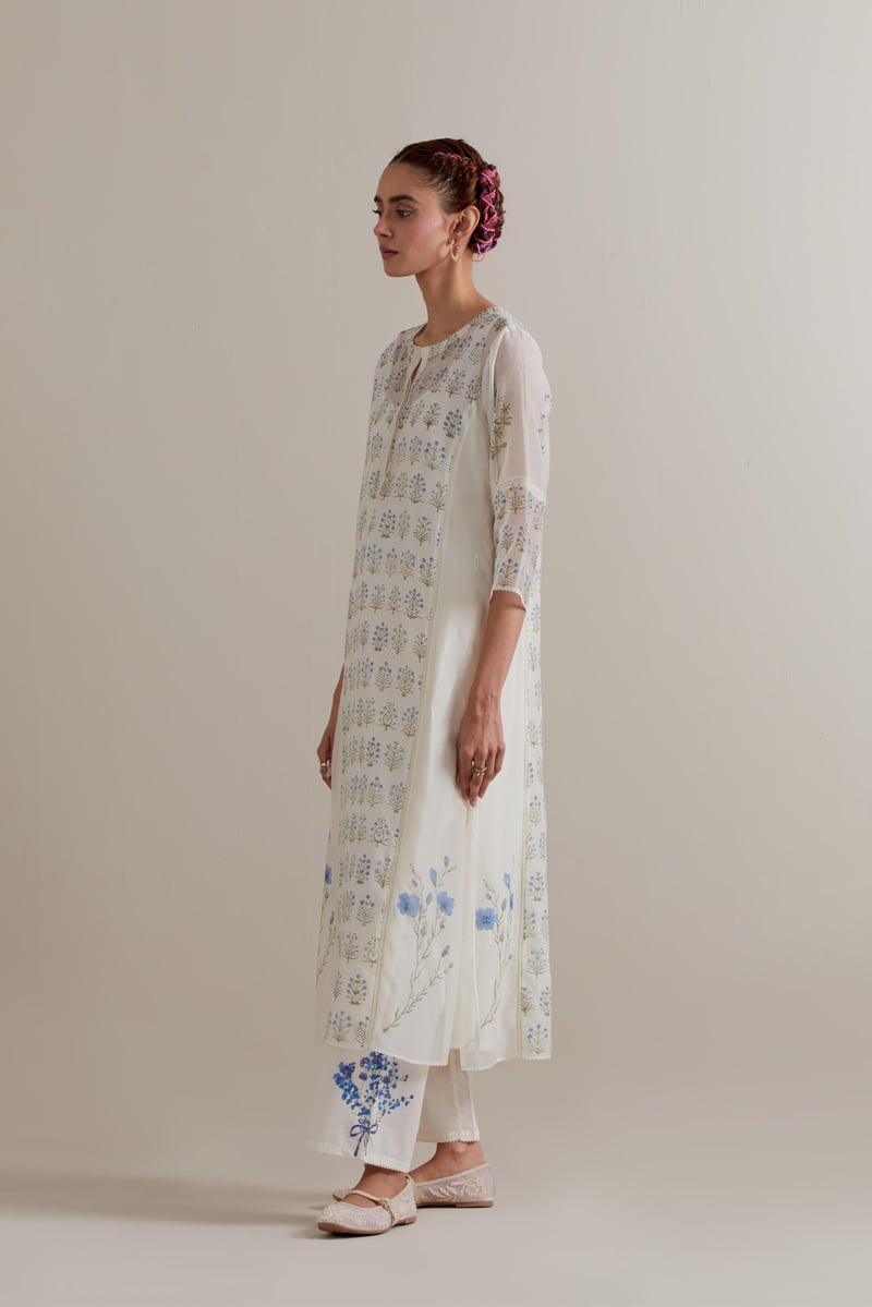 Off-White Floral Block Print Cotton Chanderi Kurta Set