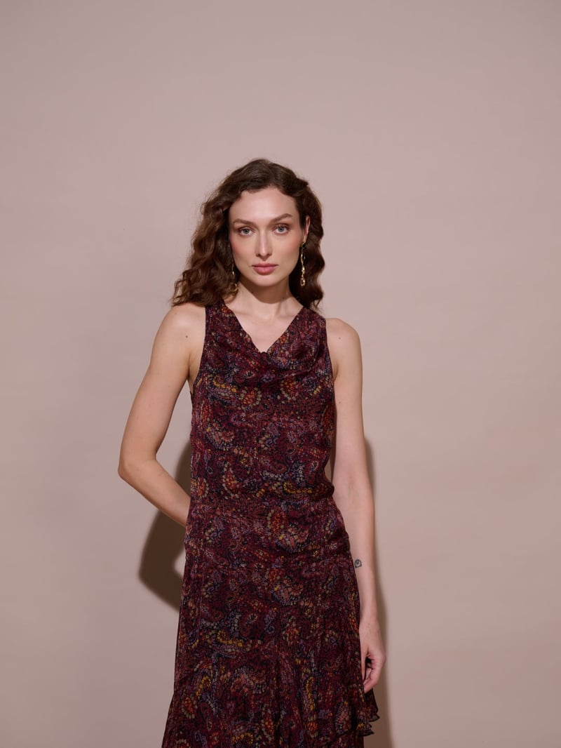Wine Paisley Print Cowl Neck Sleeveless Top