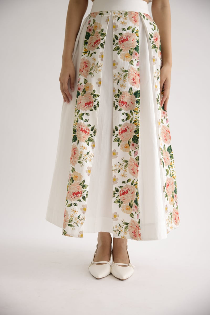 White Floral Crop Top and Midi Skirt Co-ord Set