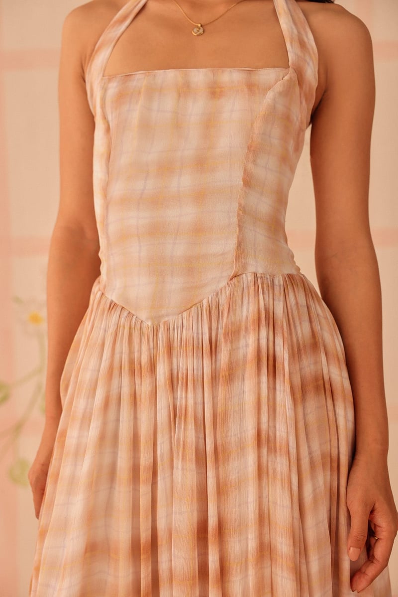 Peach and White Checked Halter Maxi Dress