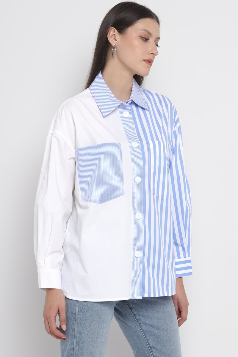 White and Light Blue Colorblocked Striped Button-Up Shirt