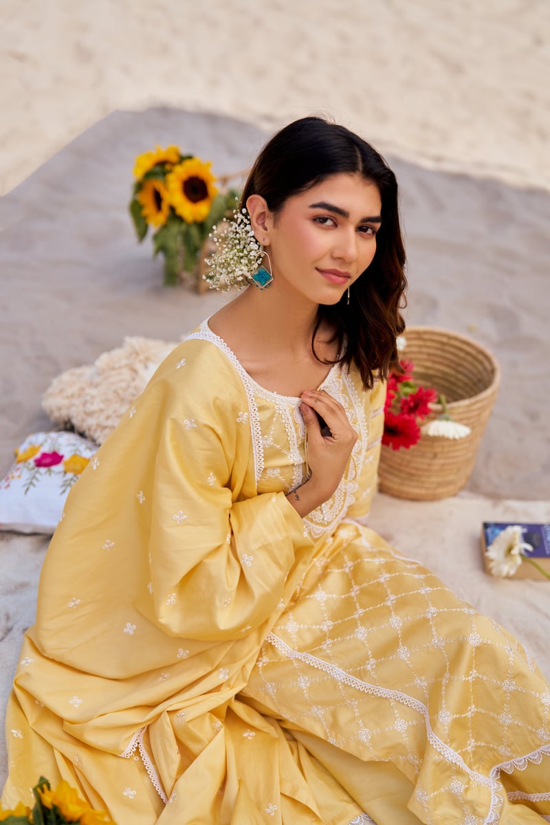 Yellow Cotton Embroidered Kurta Set With Dupatta