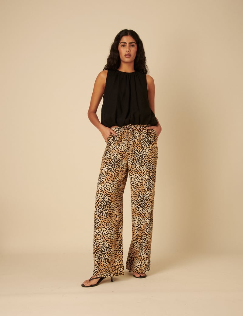 Beige Leopard Print Wide-Leg Drawstring Trousers — Nobody's Child