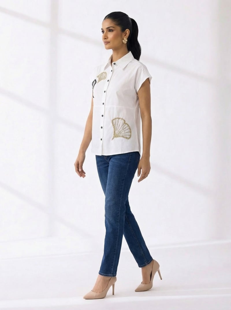 Ivory Cotton Embroidered Button-Down Shirt