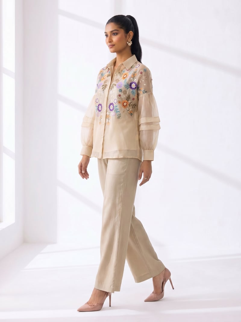 Beige Embroidered Organza Shirt and Wide-Leg Pants Co-ord