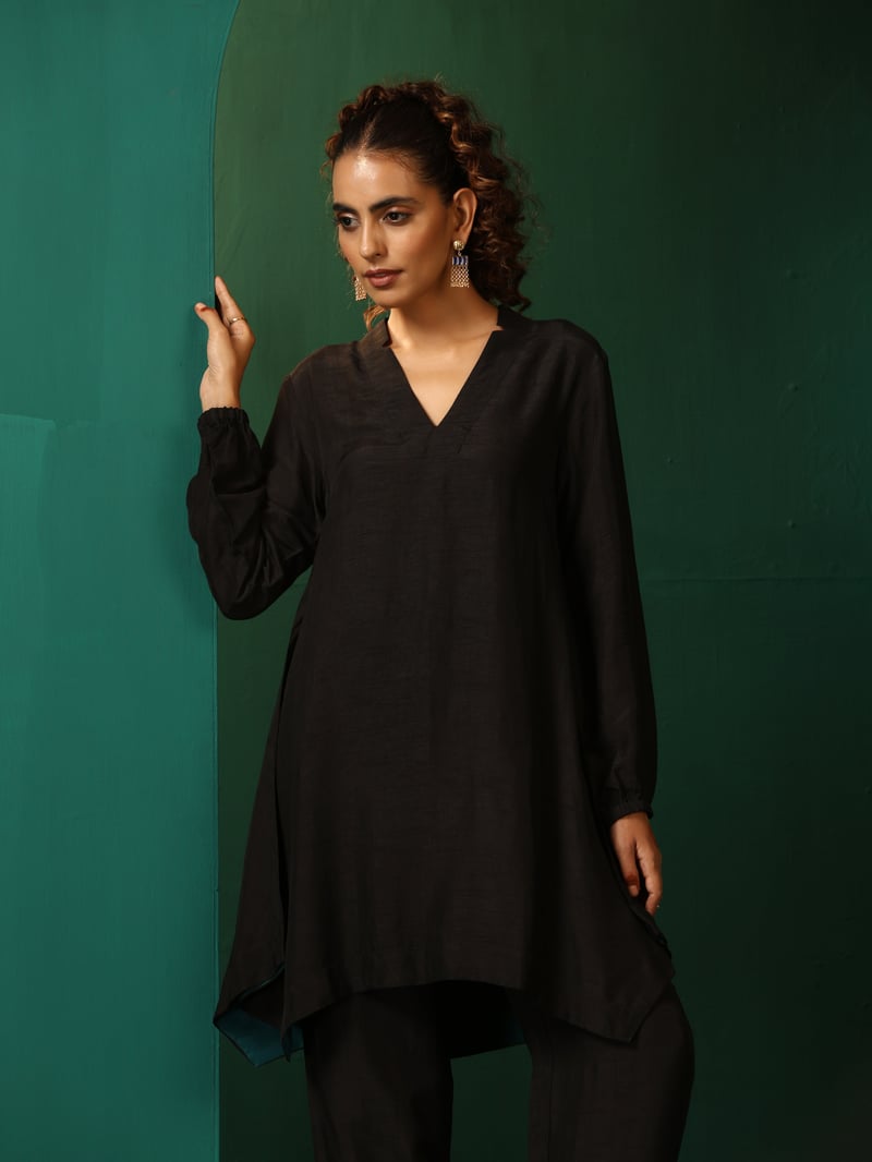Black Silk-Blend V-Neck Co-ord Set with Wide-Leg Pants