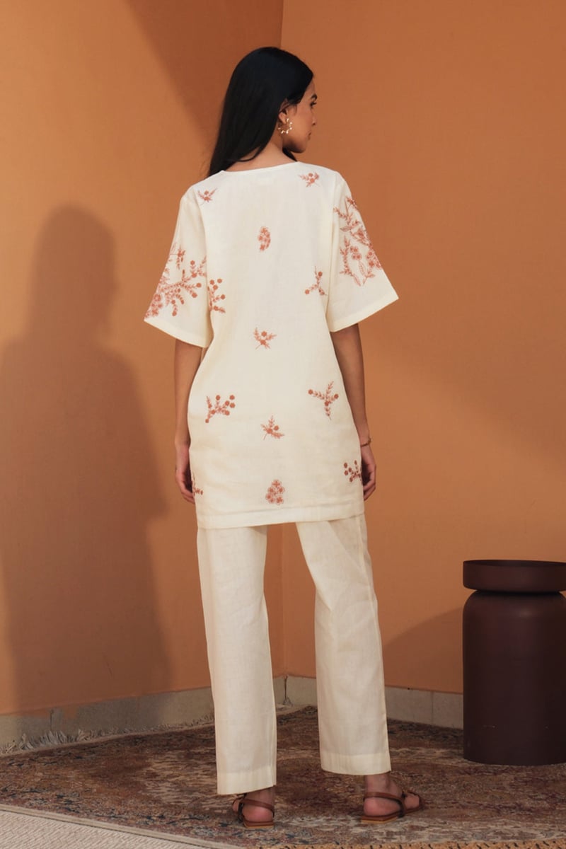 Off-White Floral Mul Mul Co-ord Set with Pants