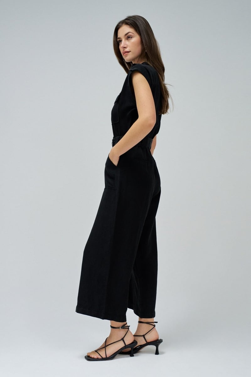 Black Belted Utility Jumpsuit with Button Front