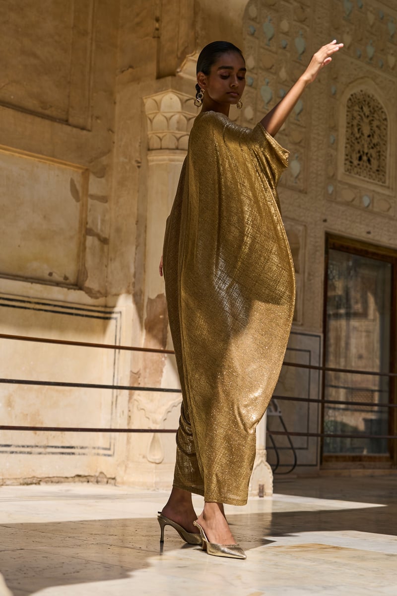 Gold Metallic Draped Maxi Kaftan with V-Neck