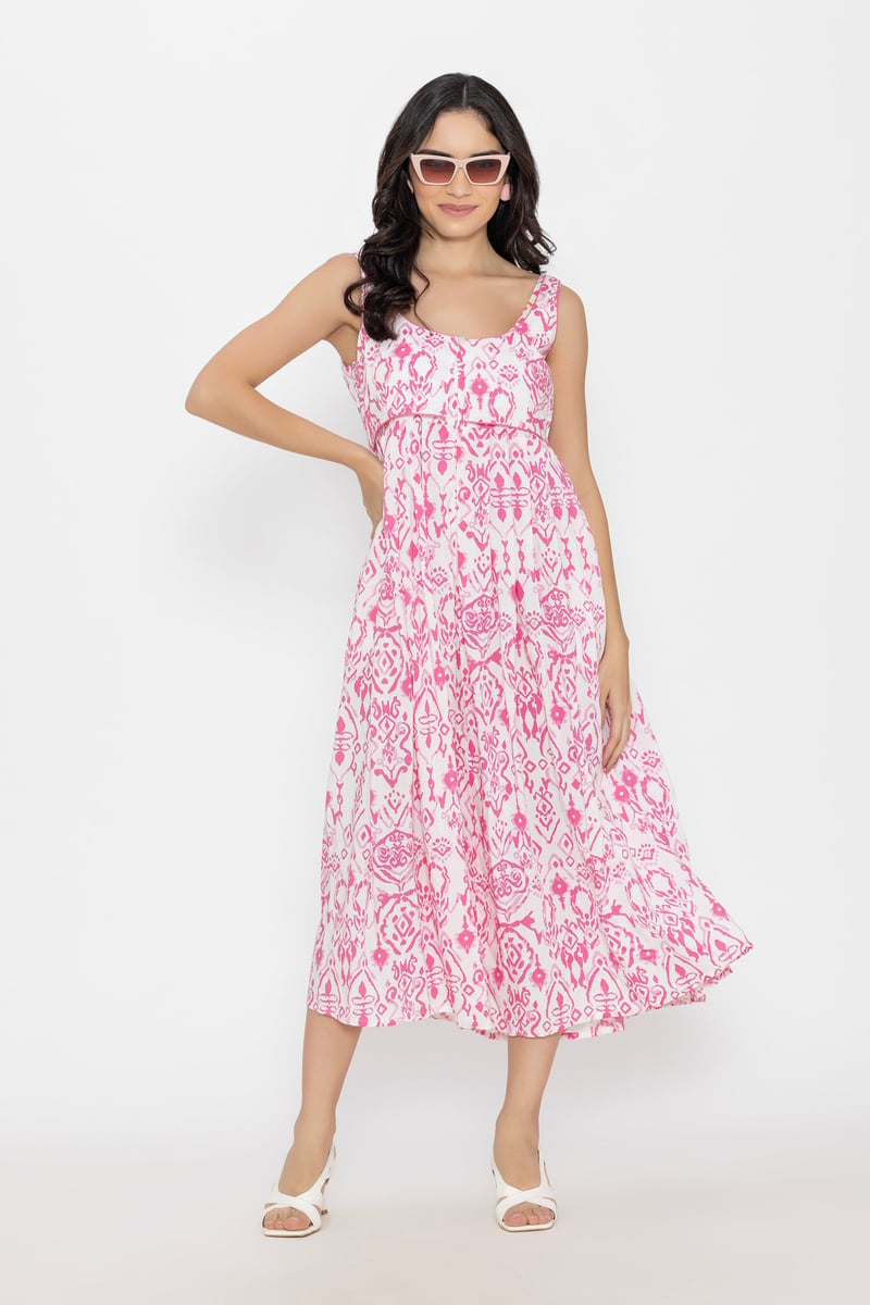 Pink Printed Fit and Flare Midi Dress