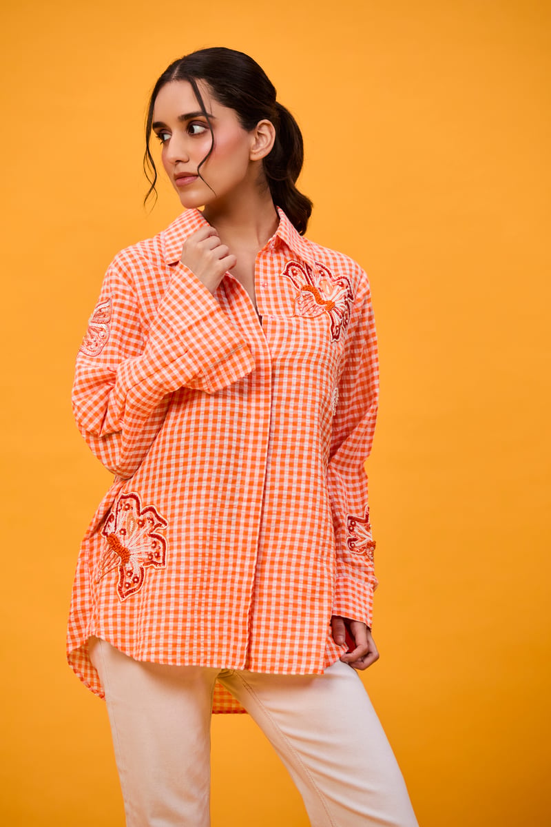 Orange seersucker lily shirt