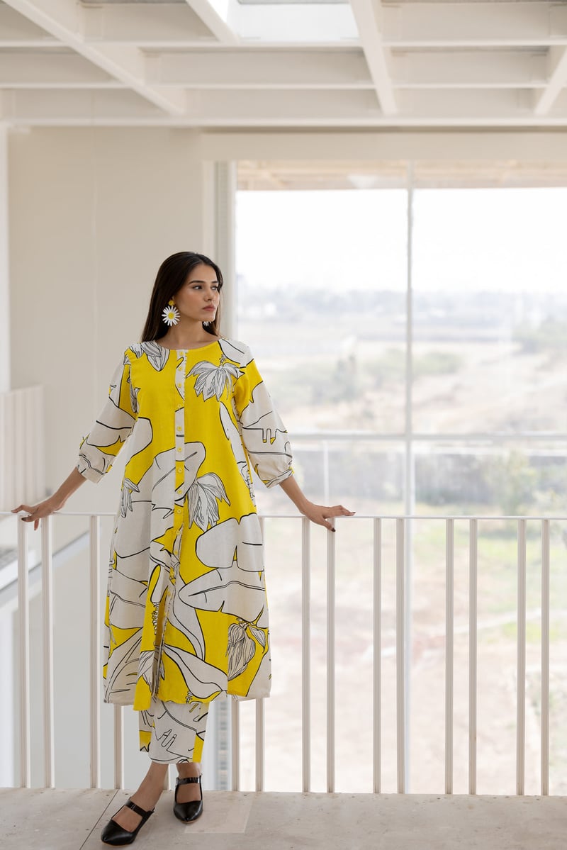 Yellow Banana Leaf Print Button-Down A-Line Kurta Set