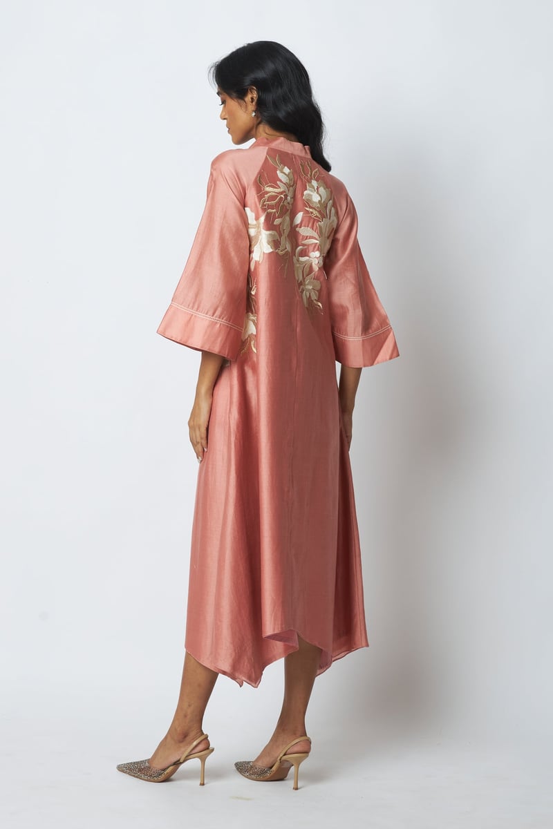 Old Rose Embroidered Achkan-Style Hi-Low Midi Dress