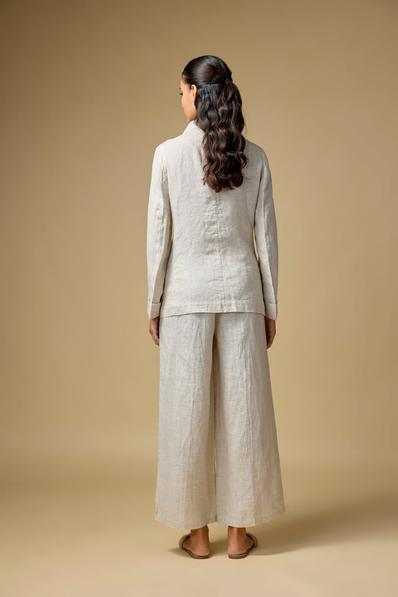 Beige Linen Blazer with Illustrated Placement Artwork