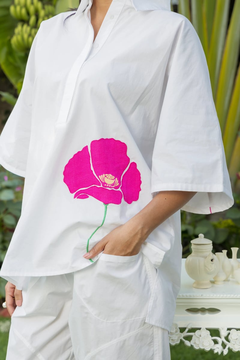 White Poplin Shirt and Pants Co-ord Set with Flower Applique