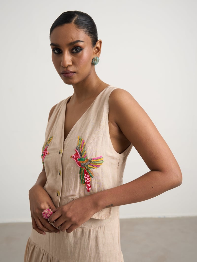 Beige Linen Hand-Embroidered Button-Front Maxi Dress