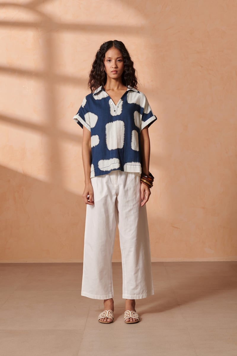 Indigo Brush-Painted Check Drop-Shoulder Cotton Top