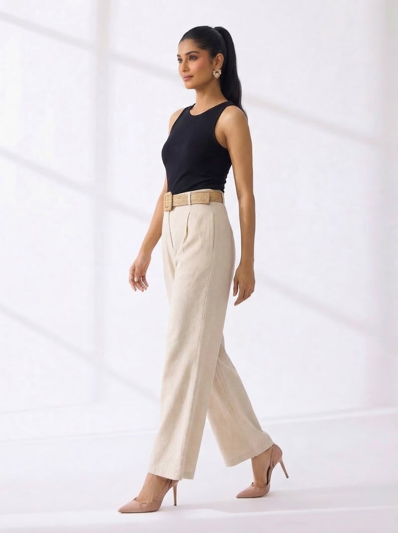 Beige High-Rise Wide-Leg Trousers with Belt