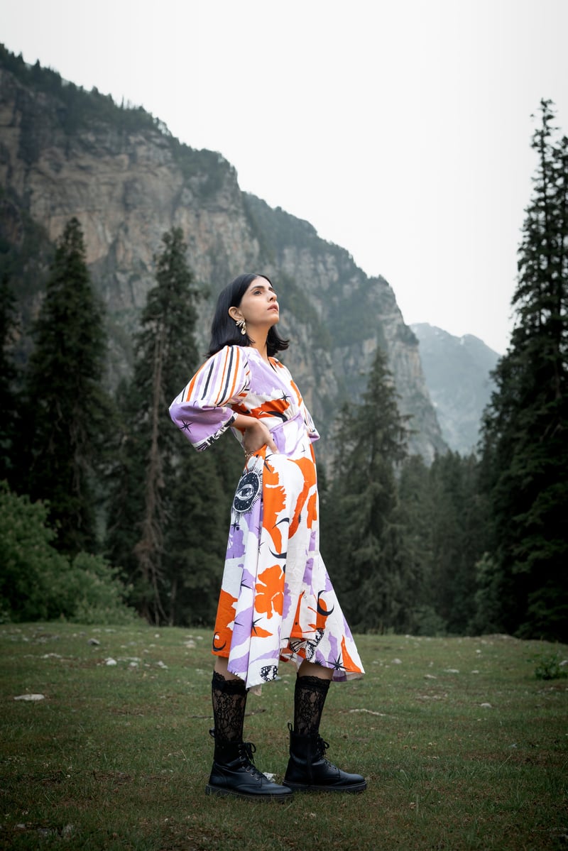 White Orange Printed Recycled Cotton Midi Dress