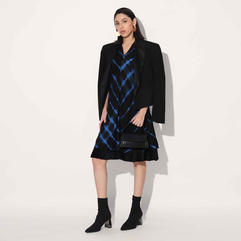 Black/Blue Shibori Tie-Dye A-Line Knee-Length Dress