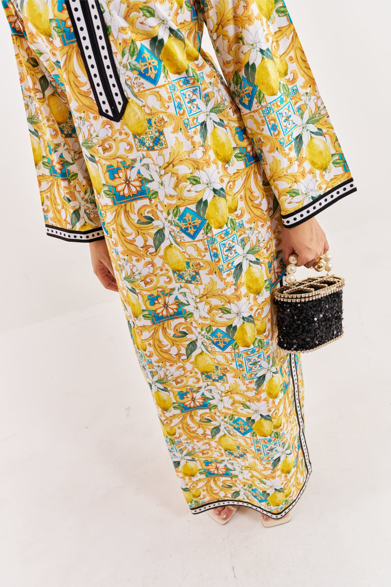 White/Yellow Lemon Print Cotton Poplin Maxi Kaftan