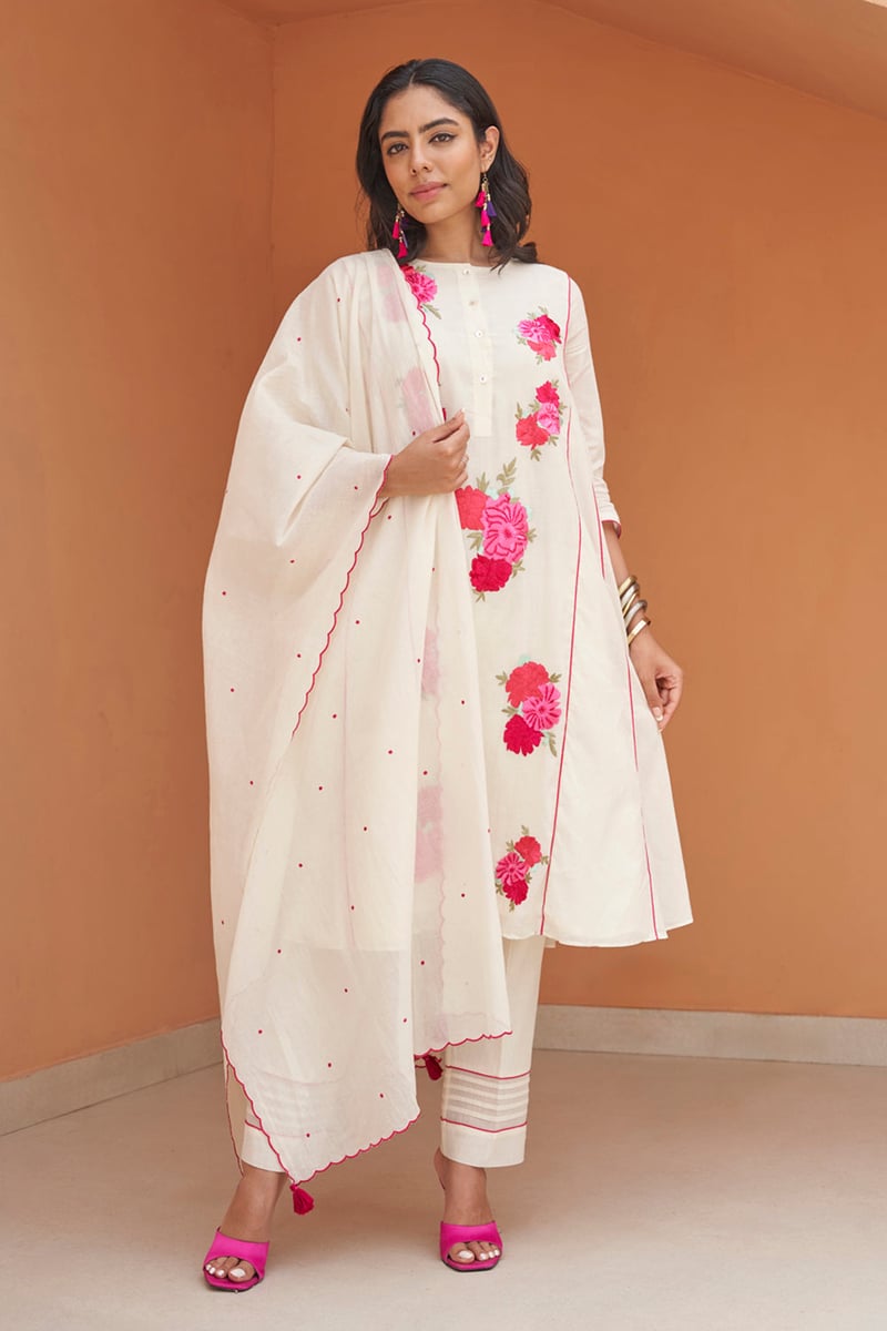 Ivory A-Line Embroidered Kurta Set with Dupatta