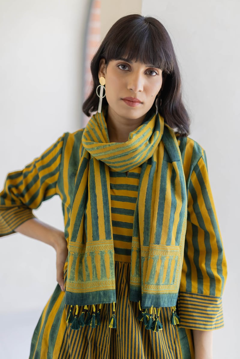 Moss Leaf Striped Cotton Kurta Pant and Stole Set